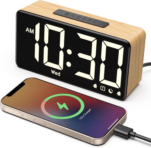 Wood grain digital alarm clock - digital,