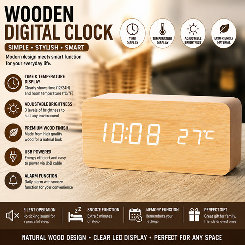 Wooden led digital alarm - led,